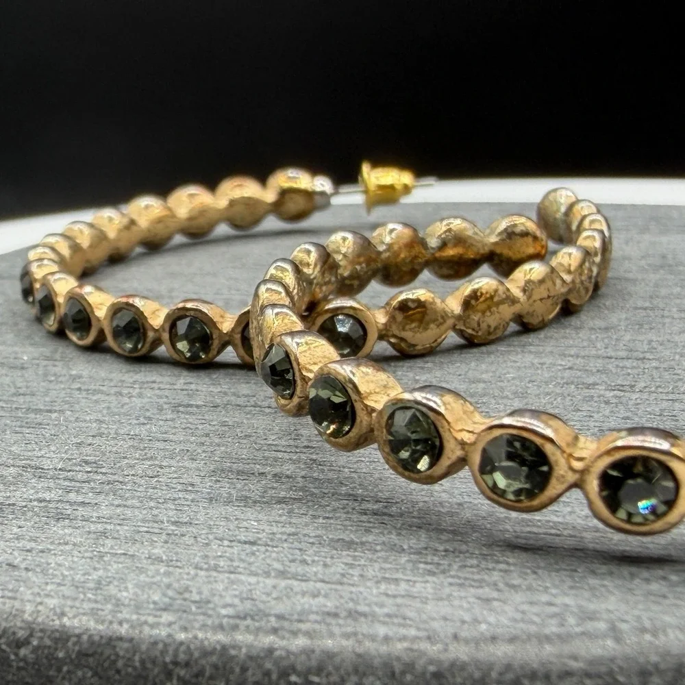 Gold Tone Smoky Gray Rhinestone Large Hoop Earrings Statement Costume Jewelry